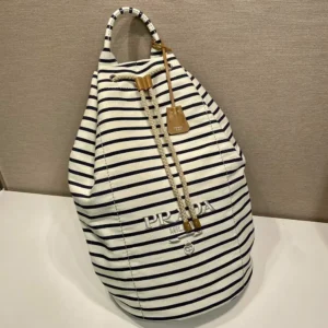 Prada Unisex Striped Canvas Drawstring Duffel Bag-White 2VY0112HJN