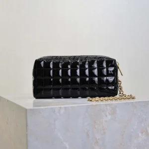 Saint Laurent YSL Women Cassandre Matelassé Carré Pouch On Chain In Shiny Canvas-Black