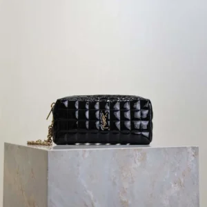Saint Laurent YSL Women Cassandre Matelassé Carré Pouch On Chain In Shiny Canvas-Black