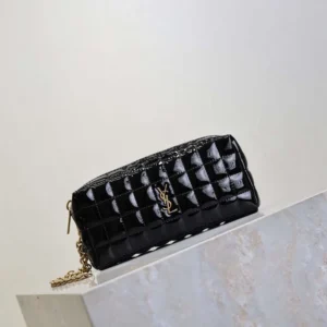 Saint Laurent YSL Women Cassandre Matelassé Carré Pouch On Chain In Shiny Canvas-Black