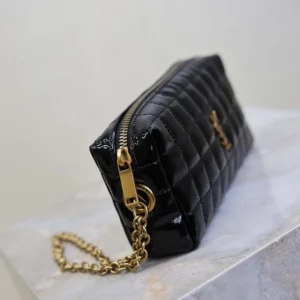 Saint Laurent YSL Women Cassandre Matelassé Carré Pouch On Chain In Shiny Canvas-Black