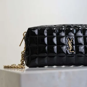 Saint Laurent YSL Women Cassandre Matelassé Carré Pouch On Chain In Shiny Canvas-Black
