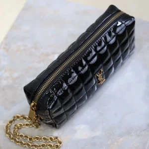 Saint Laurent YSL Women Cassandre Matelassé Carré Pouch On Chain In Shiny Canvas-Black