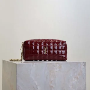 Saint Laurent YSL Women Cassandre Matelassé Carré Pouch On Chain In Shiny Canvas-Msroon