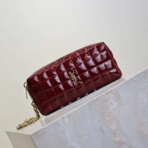Saint Laurent YSL Women Cassandre Matelassé Carré Pouch On Chain In Shiny Canvas-Msroon