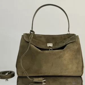 Balenciaga Women Rodeo Handbag Medium In Khaki Waxed Suede Calfskin And Smooth Calfskin