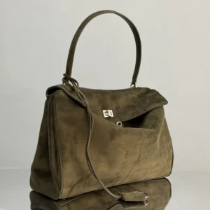 Balenciaga Women Rodeo Handbag Medium In Khaki Waxed Suede Calfskin And Smooth Calfskin