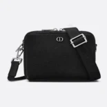 Dior Men CD Icon Zipped Pouch with Strap Black Grained Calfskin