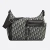Dior Men Medium Rider Soft Hobo Bag Beige and Black Dior Oblique Jacquard with Black Grained Calfskin