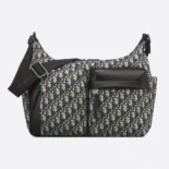 Dior Men Medium Rider Soft Hobo Bag Beige and Black Dior Oblique Jacquard with Black Grained Calfskin