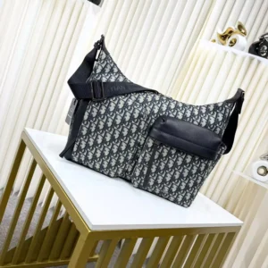Dior Men Medium Rider Soft Hobo Bag Beige and Black Dior Oblique Jacquard with Black Grained Calfskin
