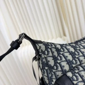 Dior Men Medium Rider Soft Hobo Bag Beige and Black Dior Oblique Jacquard with Black Grained Calfskin