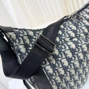 Dior Men Medium Rider Soft Hobo Bag Beige and Black Dior Oblique Jacquard with Black Grained Calfskin