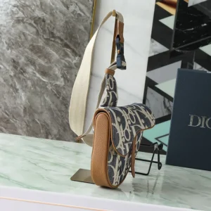 Dior Men Saddle Bag Blue and Beige Raffia-Effect Dior Oblique Denim