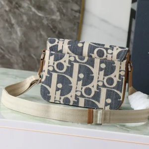 Dior Men Saddle Messenger Bag Blue and Beige Raffia-Effect Dior Oblique Denim