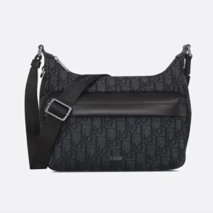 Dior Men Small Rider Soft Hobo Bag Black Dior Oblique Jacquard and Black Grained Calfskin