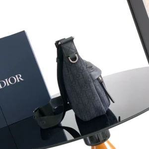 Dior Men Small Rider Soft Hobo Bag Black Dior Oblique Jacquard and Black Grained Calfskin