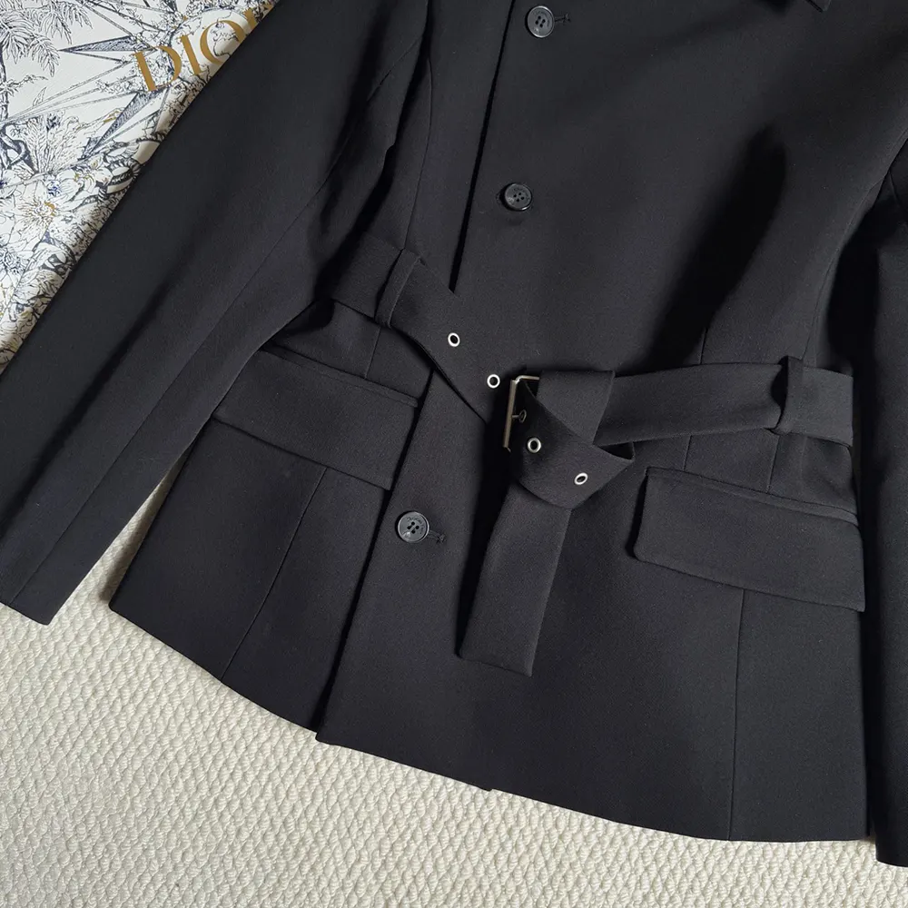 Dior Women Belted Jacket Black Virgin Wool and Silk Gabardine 8 Dior Women Belted Jacket Black Virgin Wool and Silk Gabardine