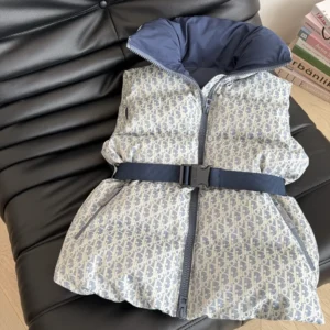 Dior Women DiorAlps Belted Puffer Vest Blue and White Dior Oblique Quilted Technical Taffeta