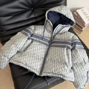 Dior Women DiorAlps Cropped Puffer Jacket with Hood Blue and White Dior Oblique Quilted Technical Taffeta