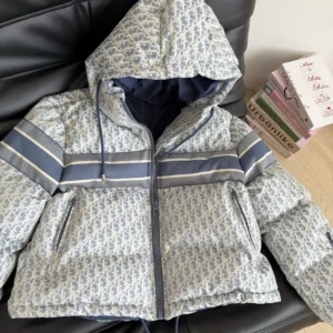 Dior Women DiorAlps Cropped Puffer Jacket with Hood Blue and White Dior Oblique Quilted Technical Taffeta