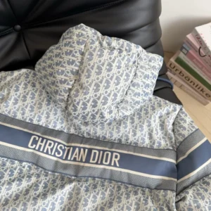 Dior Women DiorAlps Cropped Puffer Jacket with Hood Blue and White Dior Oblique Quilted Technical Taffeta