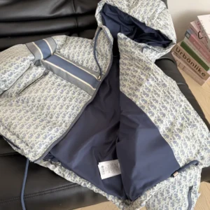 Dior Women DiorAlps Cropped Puffer Jacket with Hood Blue and White Dior Oblique Quilted Technical Taffeta