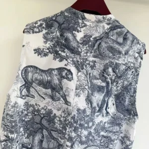 Dior Women Dioriviera Straight Ruffled Dress White Toile de Jouy Palms Cotton and Silk Poplin