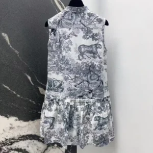 Dior Women Dioriviera Straight Ruffled Dress White Toile de Jouy Palms Cotton and Silk Poplin