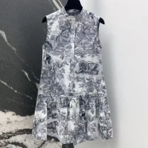 Dior Women Dioriviera Straight Ruffled Dress White Toile de Jouy Palms Cotton and Silk Poplin