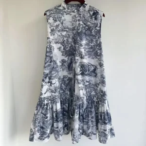 Dior Women Dioriviera Straight Ruffled Dress White Toile de Jouy Palms Cotton and Silk Poplin
