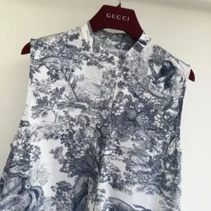 Dior Women Dioriviera Straight Ruffled Dress White Toile de Jouy Palms Cotton and Silk Poplin