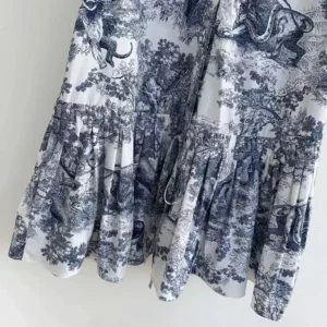 Dior Women Dioriviera Straight Ruffled Dress White Toile de Jouy Palms Cotton and Silk Poplin