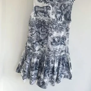Dior Women Dioriviera Straight Ruffled Dress White Toile de Jouy Palms Cotton and Silk Poplin