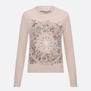 Dior Women Embroidered Sweater Cashmere Knit with Pink Dior Astral Flowers Motif