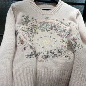 Dior Women Embroidered Sweater Cashmere Knit with Pink Dior Astral Flowers Motif