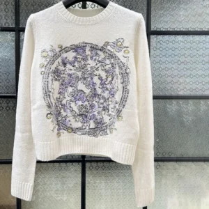 Dior Women Embroidered Sweater Ecru Cashmere Knit with Blue Dior Night of Dreams Motif