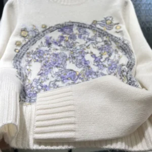 Dior Women Embroidered Sweater Ecru Cashmere Knit with Blue Dior Night of Dreams Motif