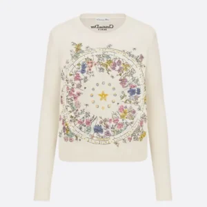 Dior Women Embroidered Sweater White Cashmere Knit with Multicolor Dior Astral Flowers Motif