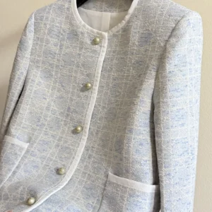 Dior Women Macrocannage Cropped Jacket Sky Blue Cotton-Blend Tweed