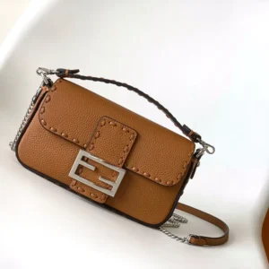 Fendi Women Baguette® Mini Cappuccino-colored Selleria Bag with 309 Hand-sewn Stitches