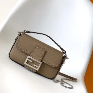 Fendi Women Baguette® Mini Dove gray Selleria Bag with 309 Hand-sewn Topstitches