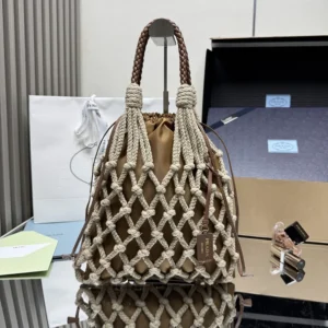 Prada Unisex Cotton Cord Macramé Tote Bag-Brown 2VG1322DI2