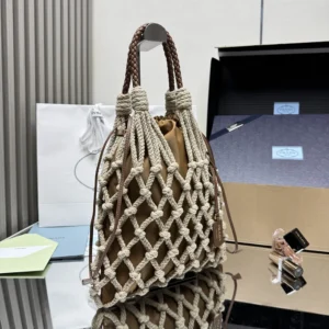 Prada Unisex Cotton Cord Macramé Tote Bag-Brown 2VG1322DI2