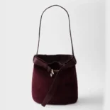 Prada Women Buckle Belted Suede Bucket Bag-Burgundy 1BE085