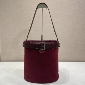 Prada Women Buckle Belted Suede Bucket Bag-Burgundy 1BE085