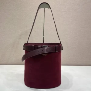 Prada Women Buckle Belted Suede Bucket Bag-Burgundy 1BE085