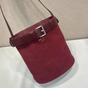 Prada Women Buckle Belted Suede Bucket Bag-Burgundy 1BE085