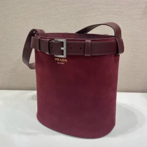 Prada Women Buckle Belted Suede Bucket Bag-Burgundy 1BE085