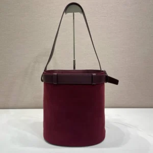 Prada Women Buckle Belted Suede Bucket Bag-Burgundy 1BE085